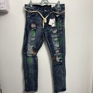 Rue21 Premium Men's 38X32 Jeans Blue Design Patch Distressed Skinny Fit Denim